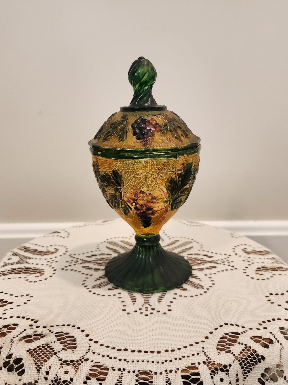 Indiana Glass "Harvest Grape" Green and Amber Covered Candy Dish w/ Grape Motif